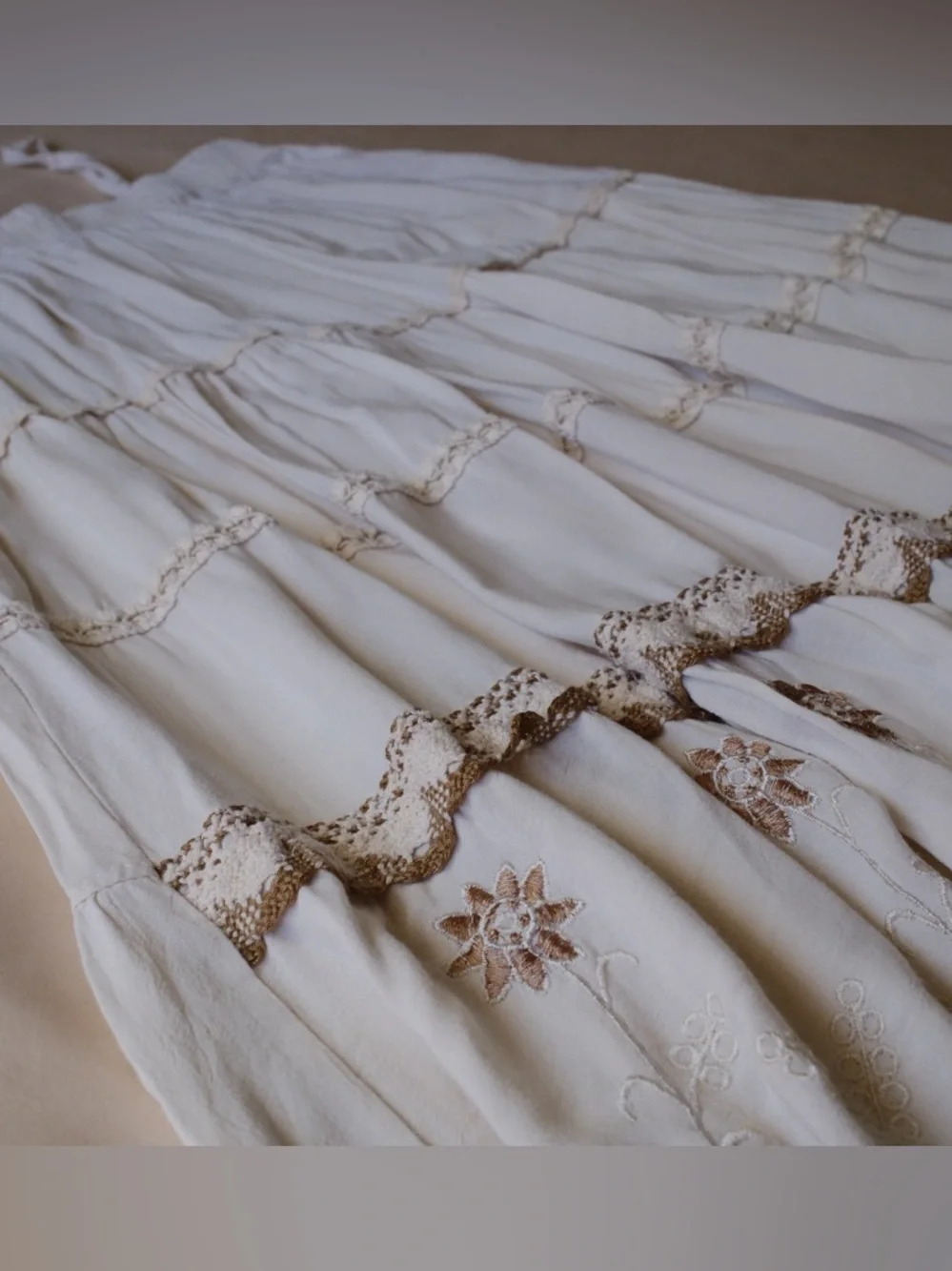 Boho Cream Maxi‎ Skirt / Midi Dress with Embroidered Accents